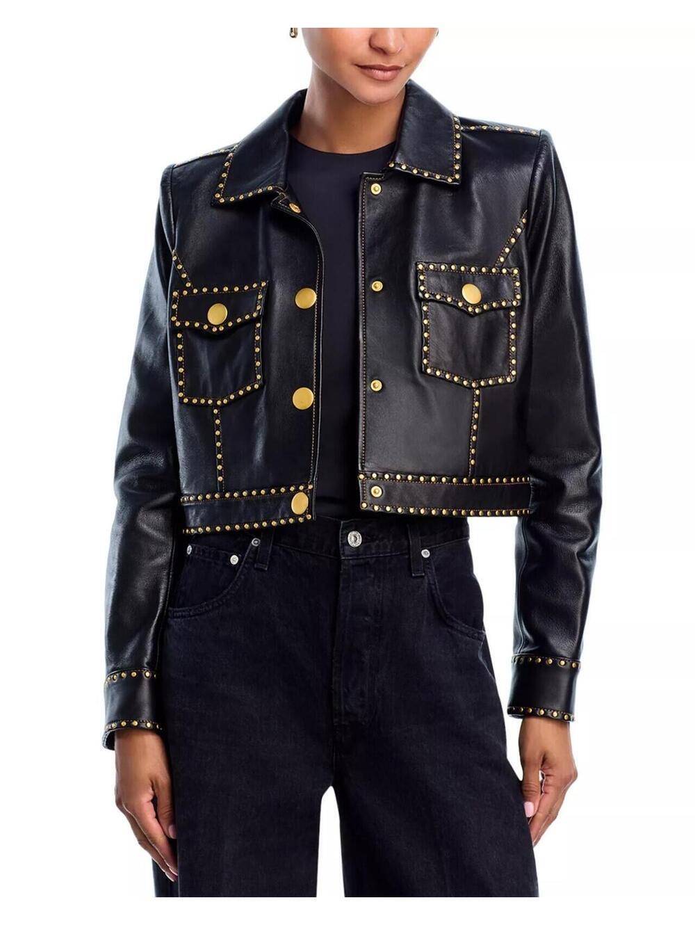 1750$ L'AGENCE Winsome Leather Crop Studded Biker Jacket Women's Size 8 Black